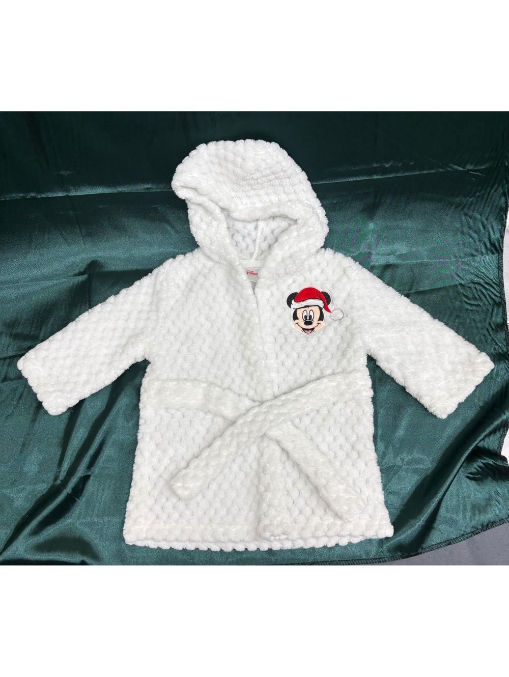Disney Baby White Fleece Robe With Santa Mickey Mouse And Tie Belt 0-12 Mos